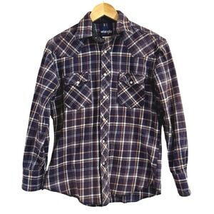Wrangler Men's Long Sleeve Blue‎ Orange Plaid Cotton Button Up Shirt M Western